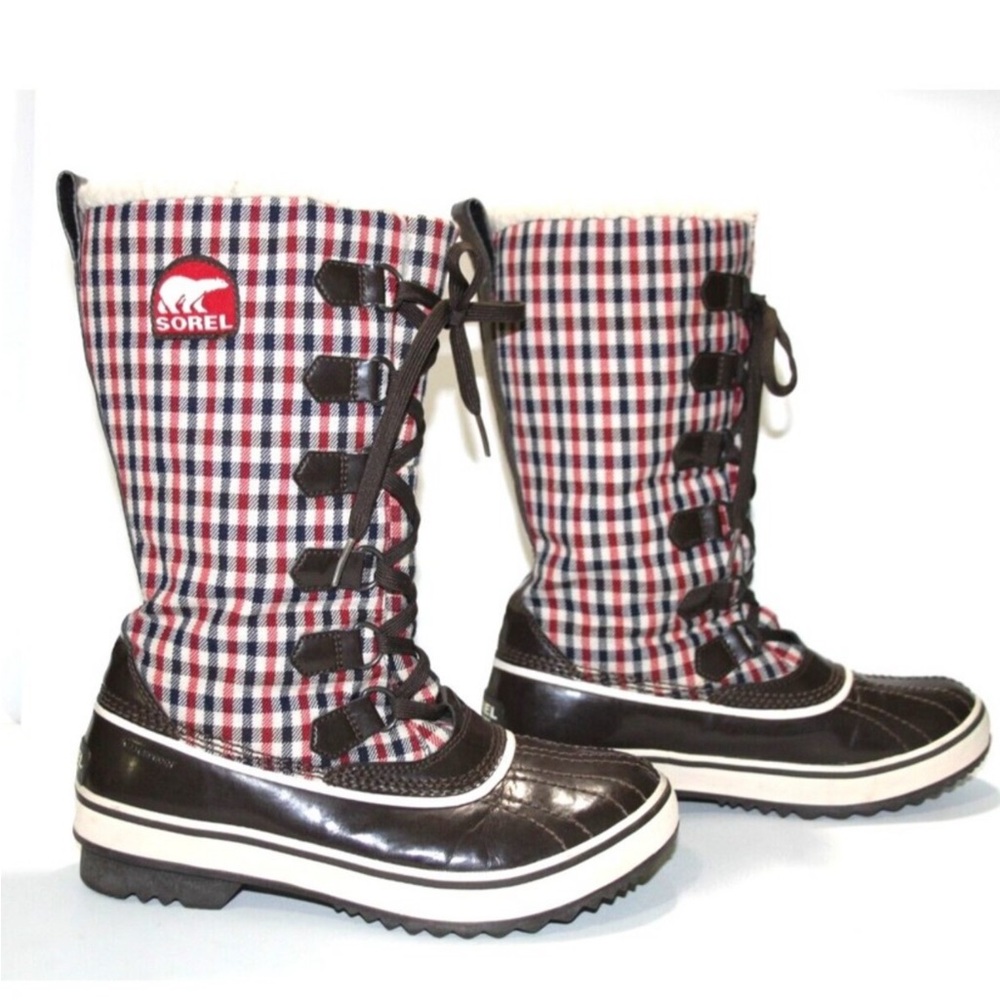 Sorel tivoli high winter waterproof women’s plaid gingham knit boots size 6